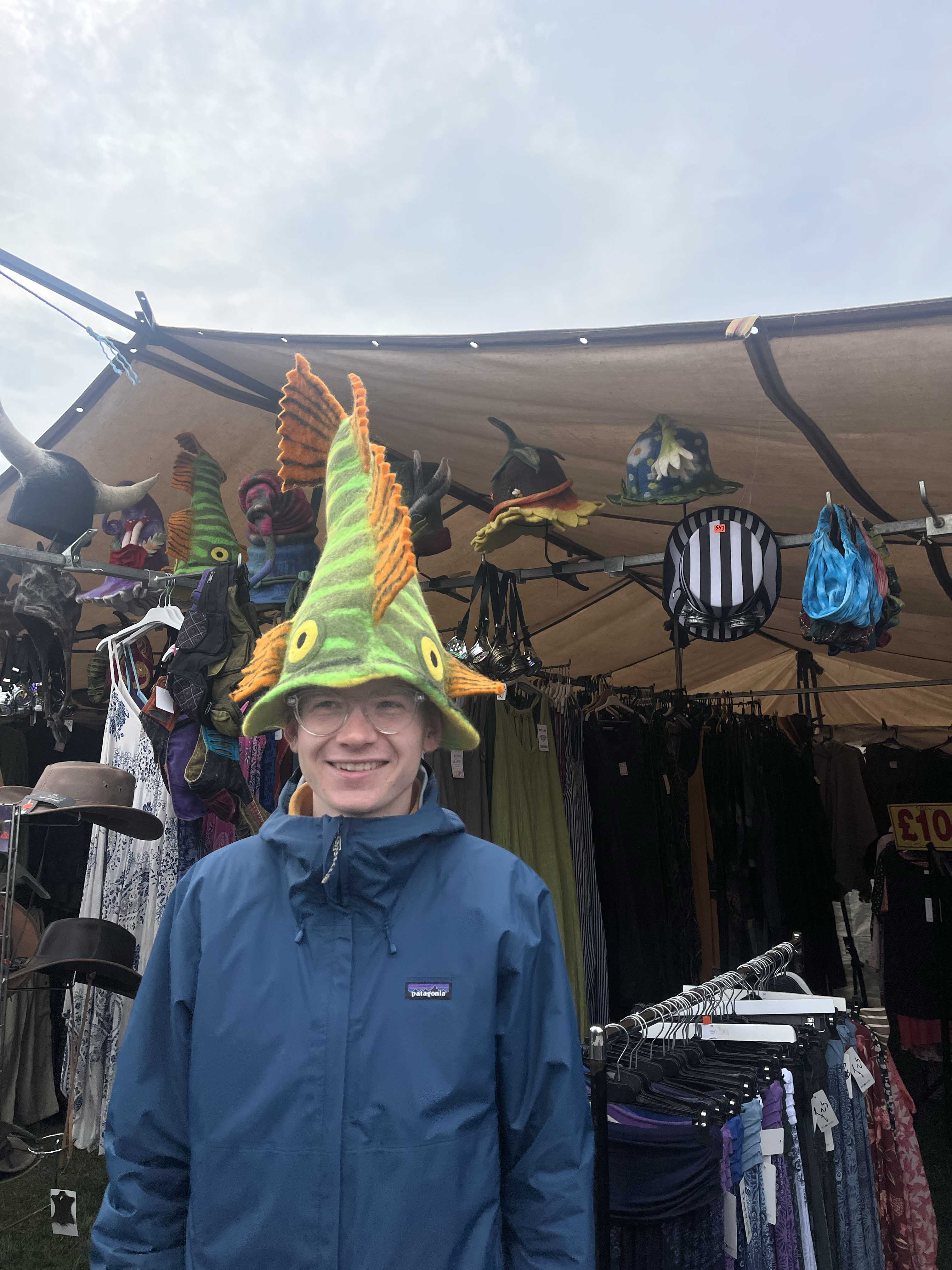 A photo of Eddie Mould with a felt fish hat on.